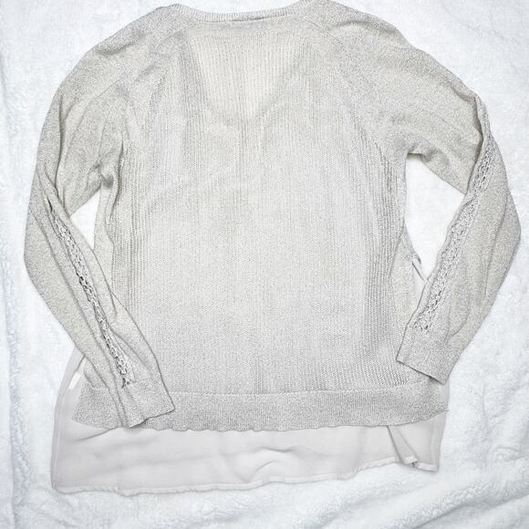LUCKY BRAND Cream Gold Metallic Layered Crochet Sleeve V-neck Sweater Medium - Picture 6 of 10